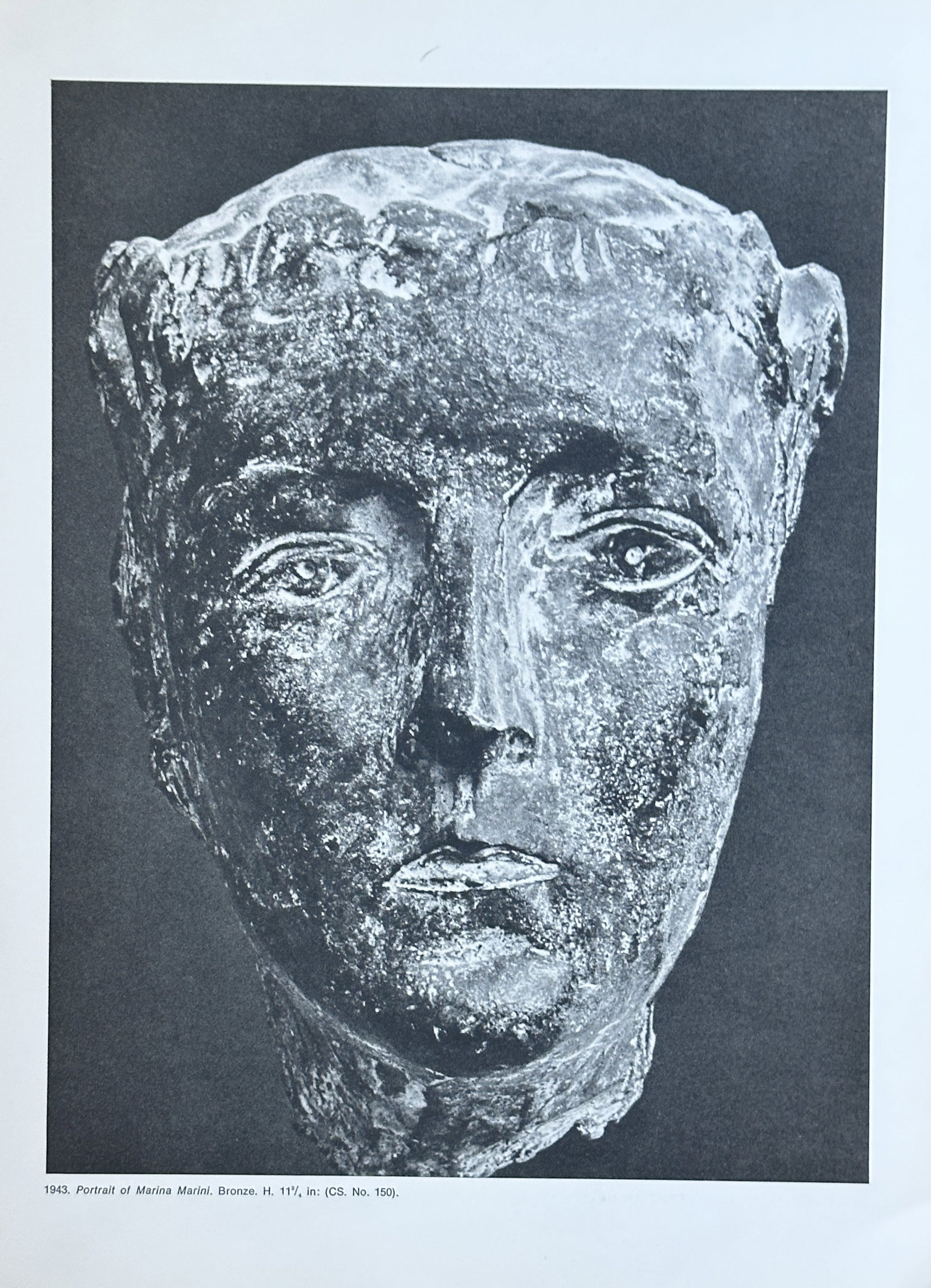 Marino Marini (1901–1980) – Self-Portrait – Print (1943): This print is a black-and-white image of a bronze sculpture. The work depicts a portrait bust of the artist, its surface showing a rough, expressive texture. Marino Marini was a renowned Italian sculp