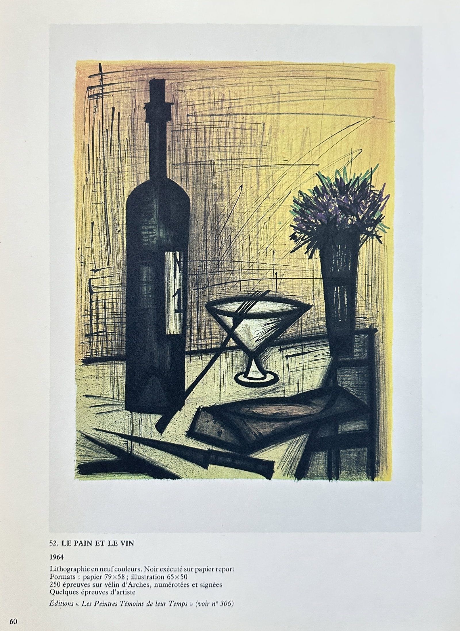 Bernard Buffet (1928–1999) – Le Pain et Le Vin (The Bread and The Wine) – Print (1964): This nine-color Print depicts a still life composition featuring a bottle of wine, a glass, and a vase of flowers with a textured, linear background. The work, characterized by Buffet's distinctive an