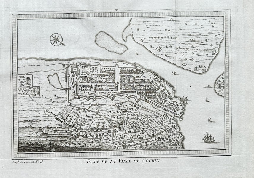 Jacques Nicolas Bellin (1703–1772) – Plan of the City of Cochin – Engraved Map: This detailed engraved map, titled "PLAN DE LA VILLE DE COCHIN" (Plan of the City of Cochin), was created by Jacques Nicolas Bellin. Published in 1754, as part of a supplement to Antoine François Pr�