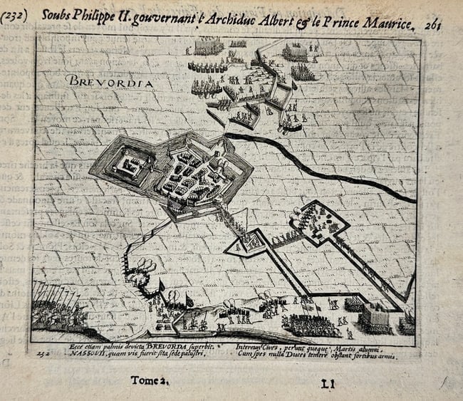 Willem Baudartius (1565–1640) – Siege of Bredevoort – Engraved Plan (c.1616): This engraved bird’s-eye plan depicts the siege and capture of Bredevoort on 12 October 1597 by the Dutch States Army under the command of Prince Maurice of Nassau, a key episode in the Eighty Years