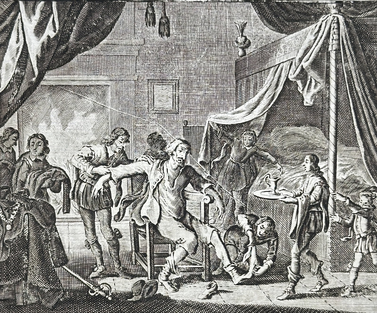 Jacob Cats (1577–1660) – For the Living: An Interior Scene with a Seated Man: This engraving, titled "VOOR DE LEVENDIGE" in Dutch, illustrates a detailed interior scene. The print depicts a man seated in a chair, possibly inebriated or unwell, surrounded by several figures in 1