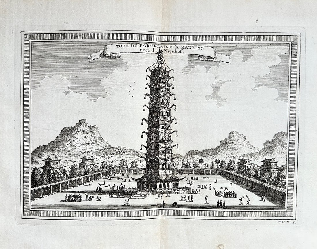 Jacques-Nicolas Bellin (1703–1772) – The Porcelain Tower of Nanking - China: This engraving, titled "TOUR DE PORCELAINE A NANKING," provides a detailed panoramic view of the Porcelain Tower of Nanking (now Nanjing). The print illustrates the famous pagoda in a landscape with a