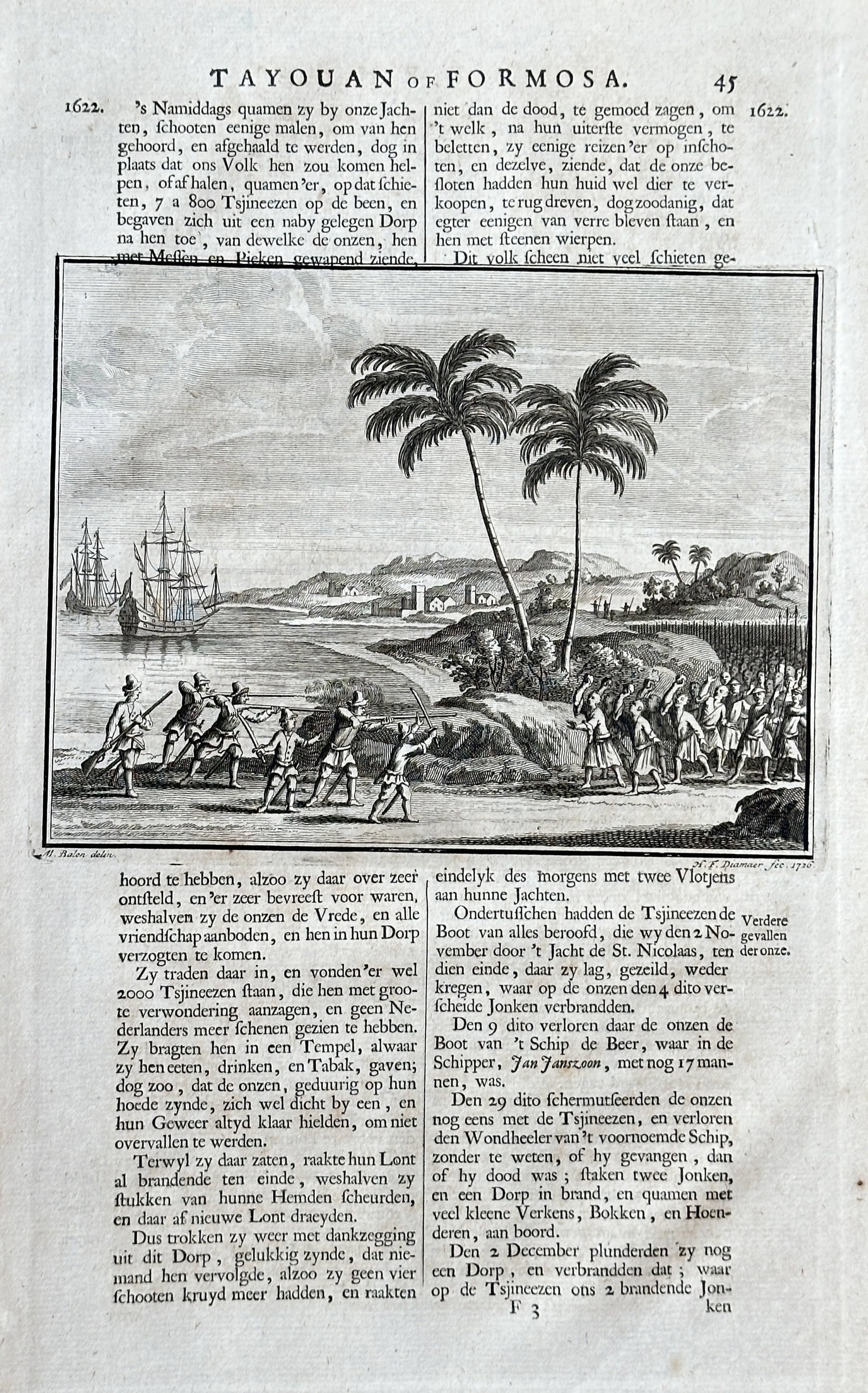 François Valentijn (1666–1727) – Tayouan or Formosa - Taiwan – Engraving: This engraving, with Dutch text above and below the central image, depicts a historical scene on the coast of Tayouan, now known as Taiwan. The illustration shows a group of figures on a sandy beach, 