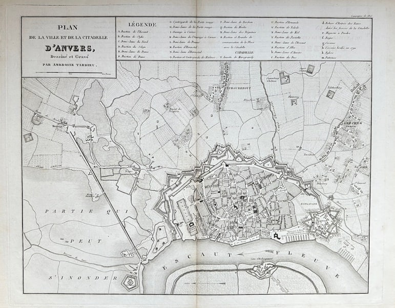 Ambroise Tardieu (1788–1841) – Map of Belgium - the City and Citadel of Antwerp: This engraving, titled "PLAN DE LA VILLE ET DE LA CITADELLE D'ANVERS," is a detailed historical map of the city of Antwerp, Belgium. The map illustrates the city's position on the Scheldt River and it