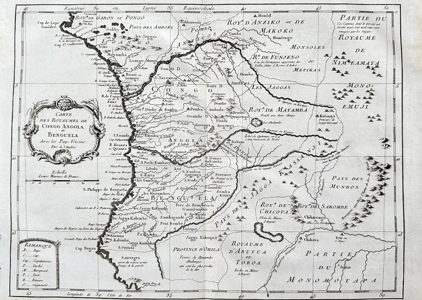 Jacques-Nicolas Bellin (1703–1772) – Map of Central Africa - the Kingdoms of Congo: This engraving, titled "CARTE DES ROYAUMES DE CONGO ANGOLA Benguela," is a detailed historical map of a region in Central Africa. The map illustrates the coast, the course of major rivers like the Con