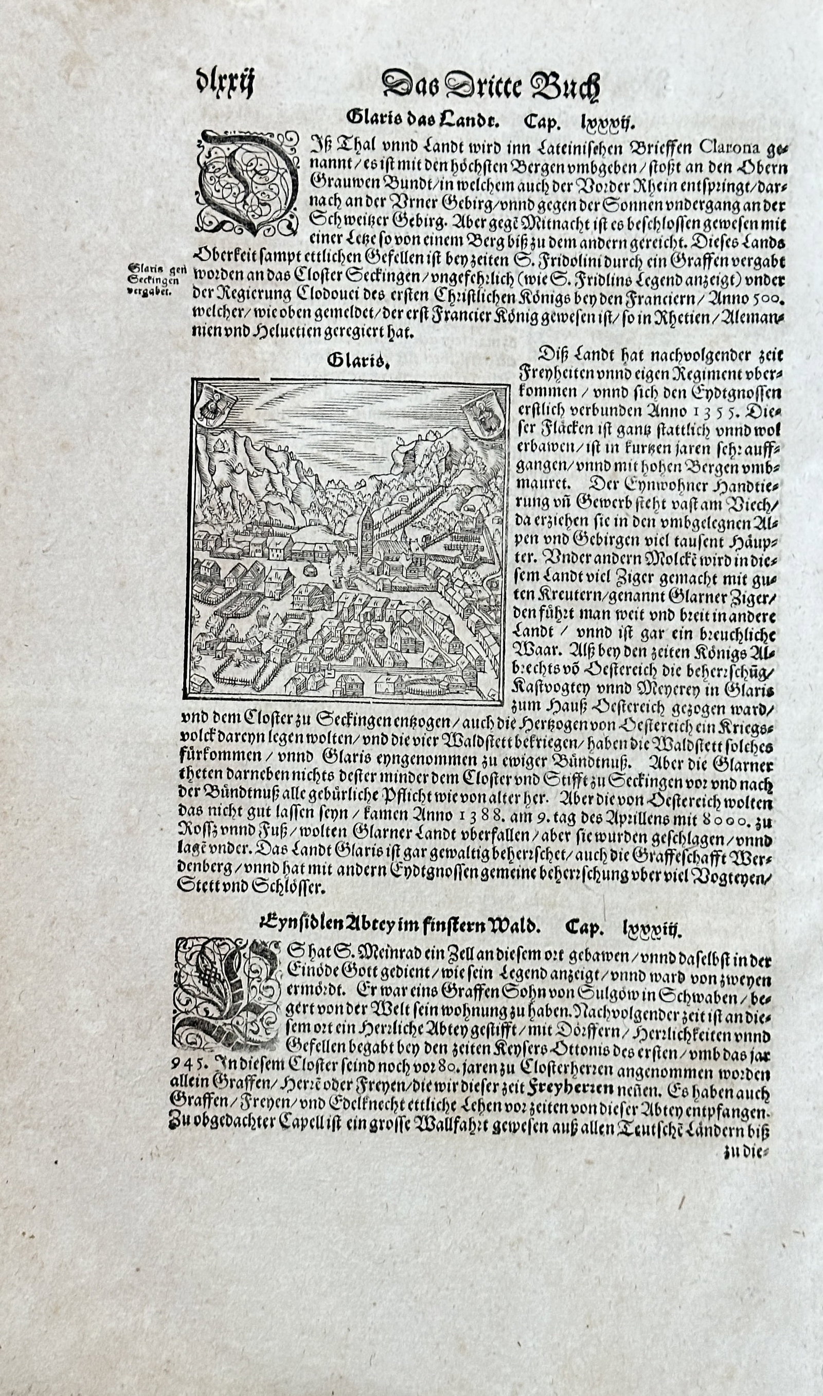Sebastian Münster (1489-1552) – On the Land of Styria, The Third Book – Woodcut (1550): This sheet is from Sebastian Münster’s "Cosmographia." The page features a block of German text and a large, detailed woodcut illustration. The image is a topographical view of a city or region wit