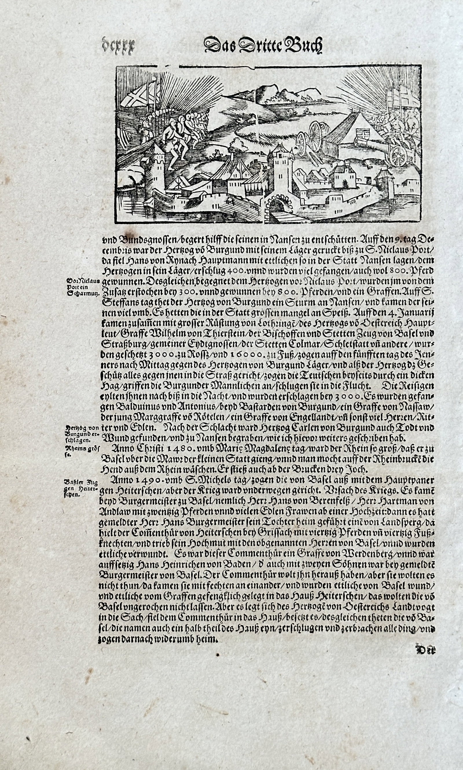 Sebastian Münster (1489-1552) – The Third Book – Woodcut (1550): This sheet is from Sebastian Münster’s "Cosmographia." The page features a large woodcut illustration depicting a complex scene, possibly a battlefield or a site of a historical event, with figures