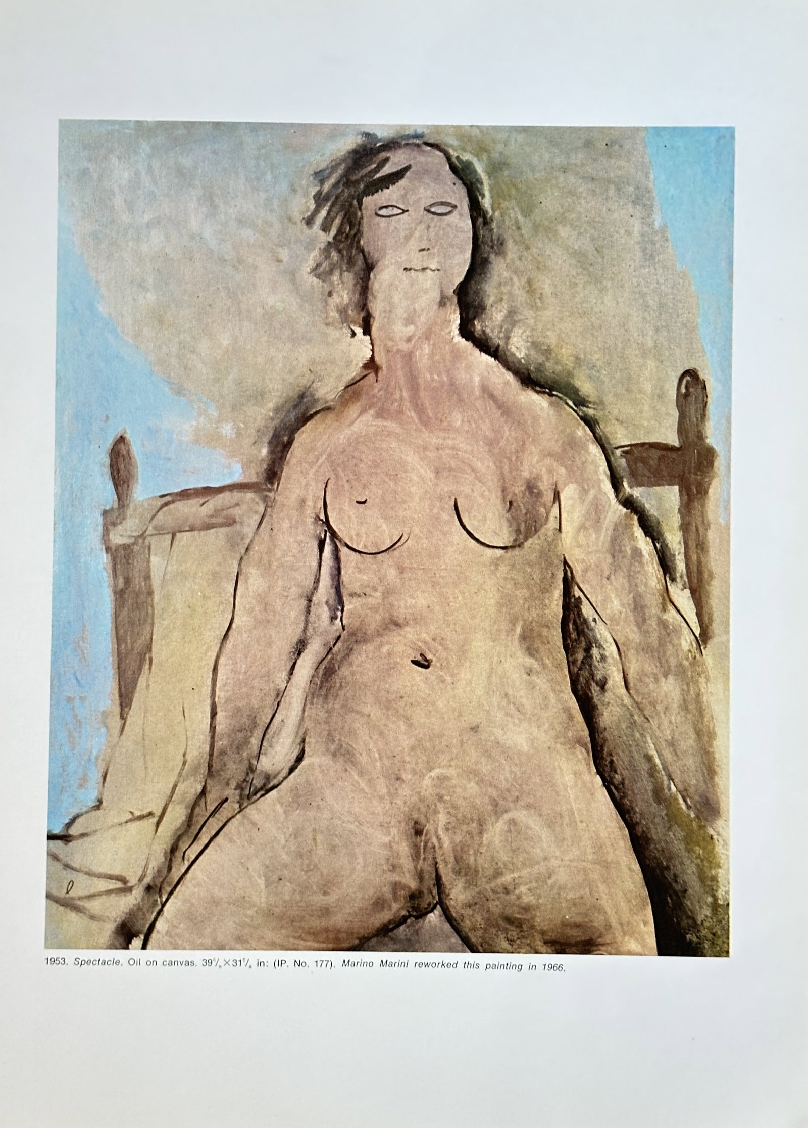 Marino Marini (1901-1980) – Spectacle – Print (1953/1966): This is a print of the painting "Spectacle," created by Marino Marini in 1953. The print features the artist's signature style, with an abstracted depiction of a female nude. The original painting was