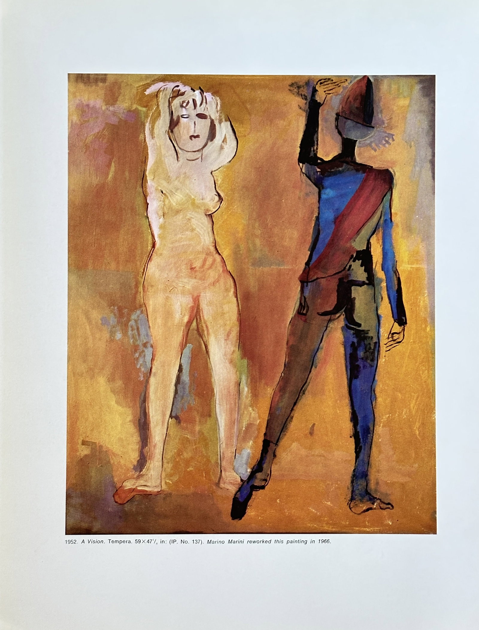 Marino Marini (1901-1980) – A Vision – Print (1952/1966): This is a print of the painting "A Vision" by Marino Marini. The work features two figures, a nude and a figure in a stylized uniform, rendered in a palette of warm tones. The original painting was cr