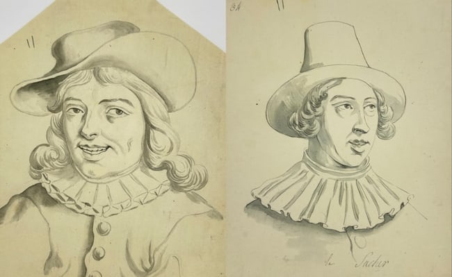 European School – Set of 2 Portraits (Man in Ruff & Gentleman in Cavalier Hat): This lot features a compelling set of two 19th-century character portraits, both attributed to the European School. The drawings are executed in a historical style, skillfully using ink and wash on la