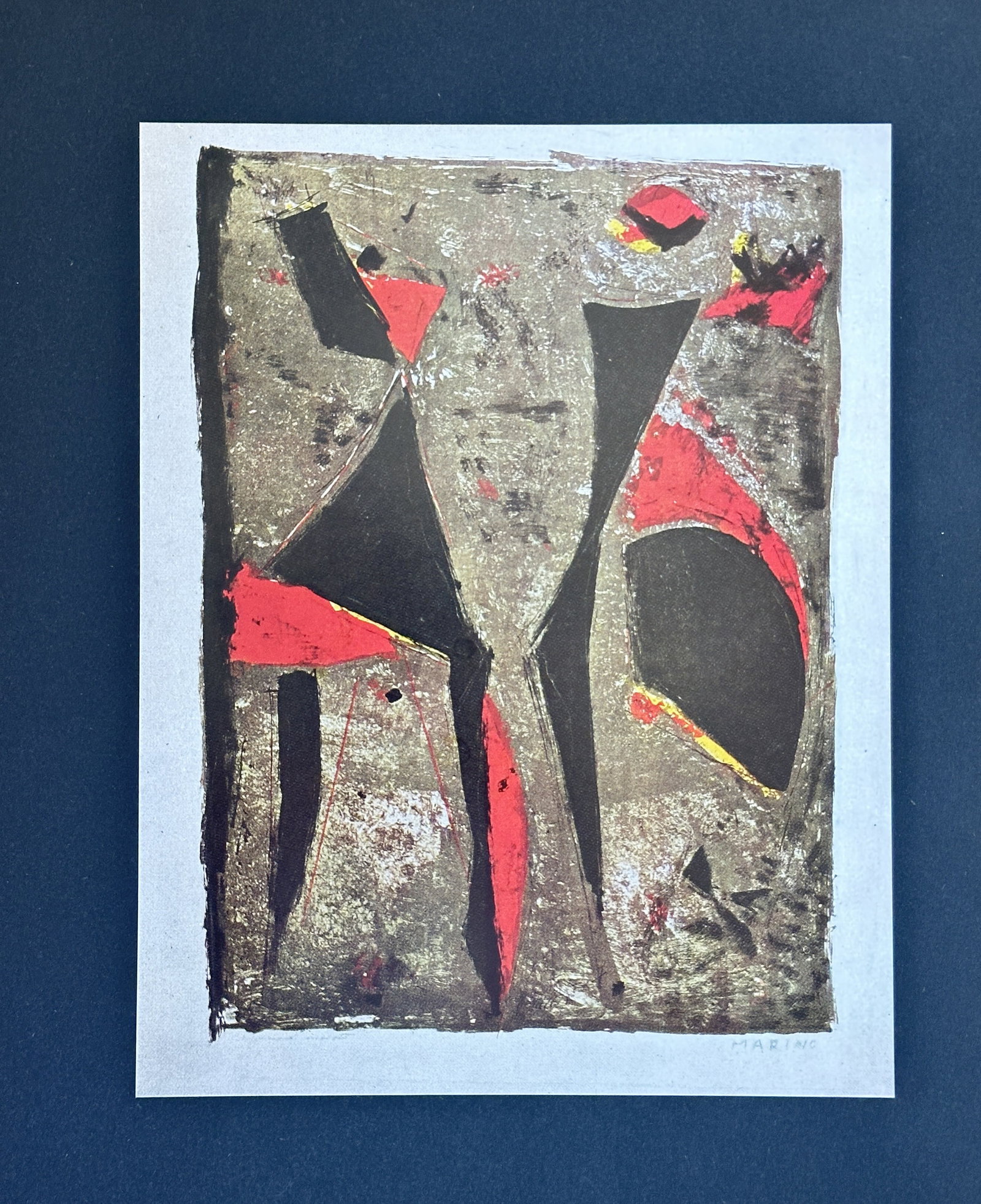 Marino Marini (1901-1980) – Black and Red Horseman on a Brown Background – Lithograph (1961): This work is a color lithograph depicting a figure of a horse and rider in an abstracted style, composed of shapes in black and red against a textured, brownish background. The print is a notable exam