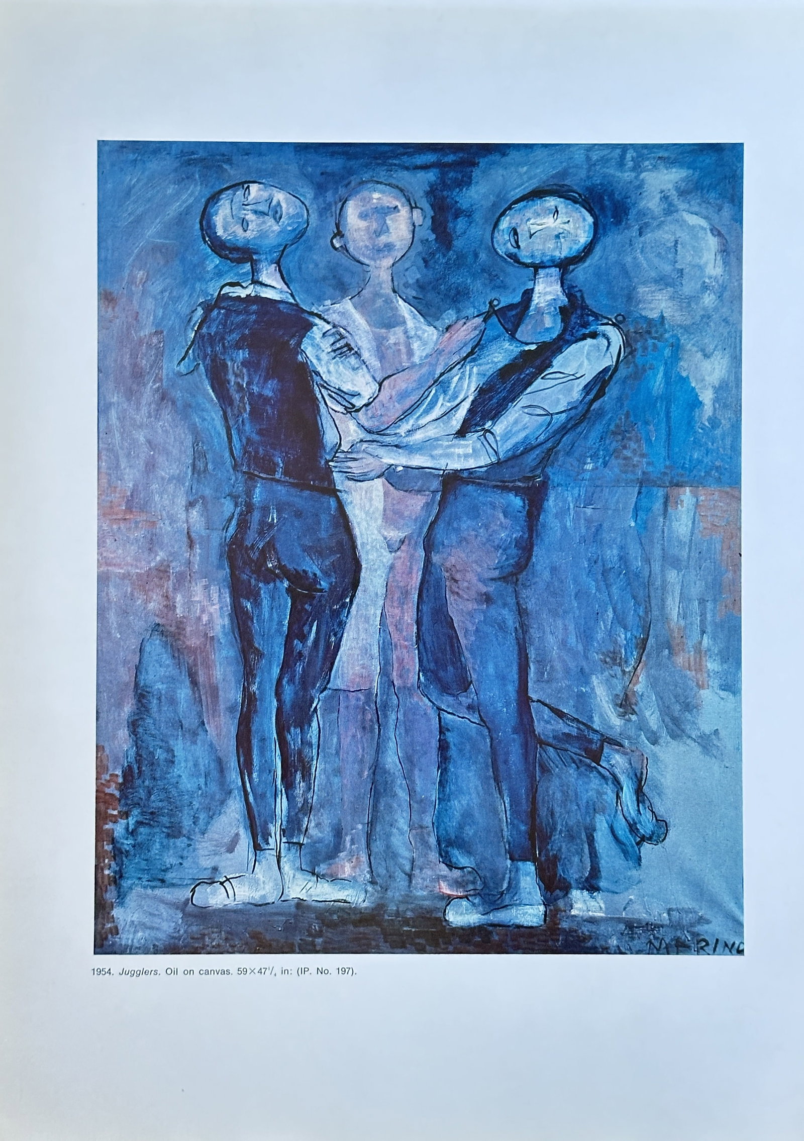 Marino Marini (1901-1980) – Jugglers – Print (1954): This print is a reproduction of the painting "Jugglers" by Marino Marini. The work depicts three elongated figures in a close composition, rendered in various shades of blue. The style is an example o