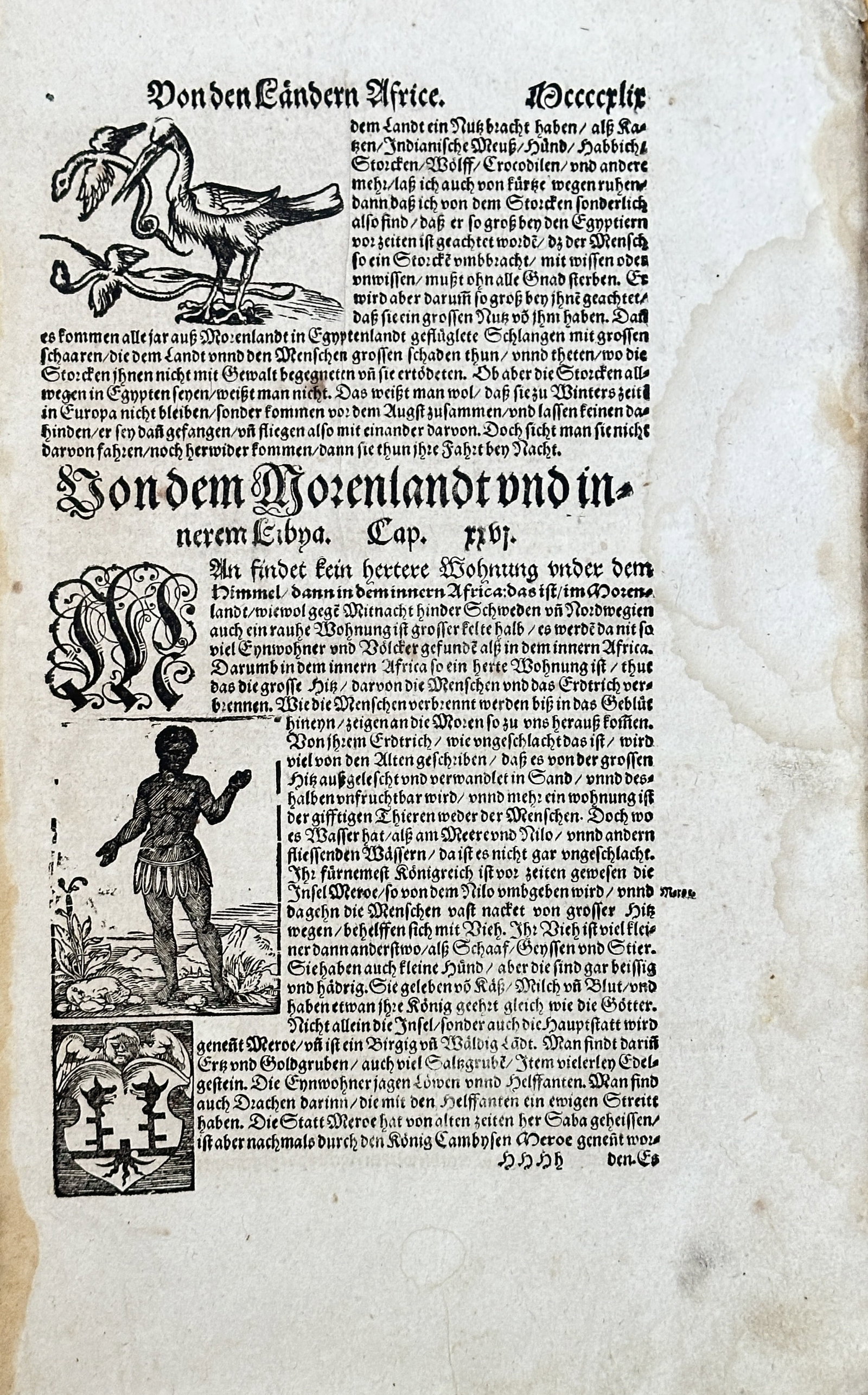Sebastian Münster (1489-1552) – On the African Countries, On the Land of the Moors and India –: This sheet is from Sebastian Münster’s "Cosmographia," a significant work in the history of geography and science. The page features a large block of German text and two woodcut illustrations. The 