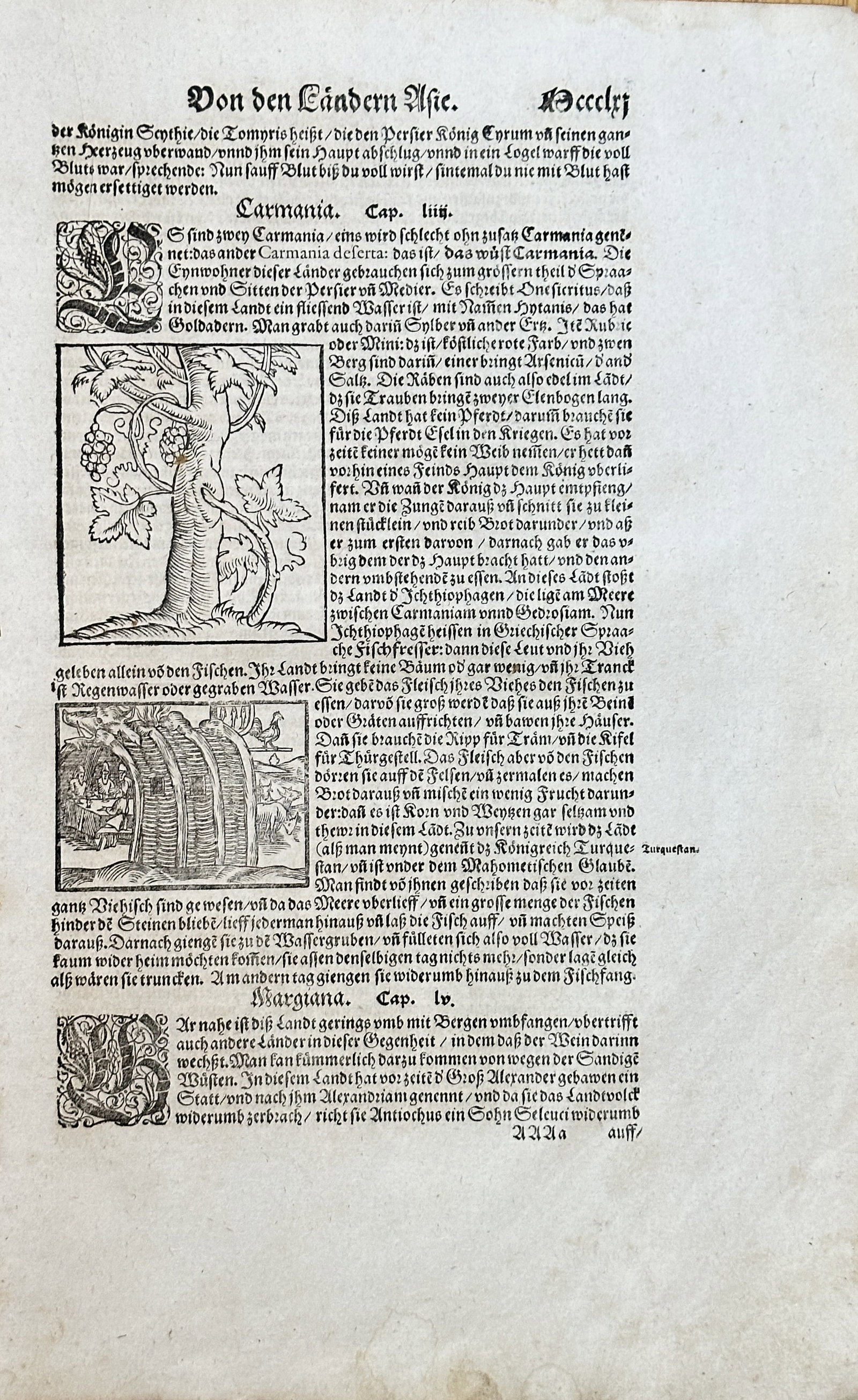 Sebastian Münster (1489-1552) – On the African Countries, Carmenia – Woodcut (1550): This sheet is from Sebastian Münster’s "Cosmographia," a significant work in the history of geography and science. The page features a large block of German text and three woodcut illustrations. Th