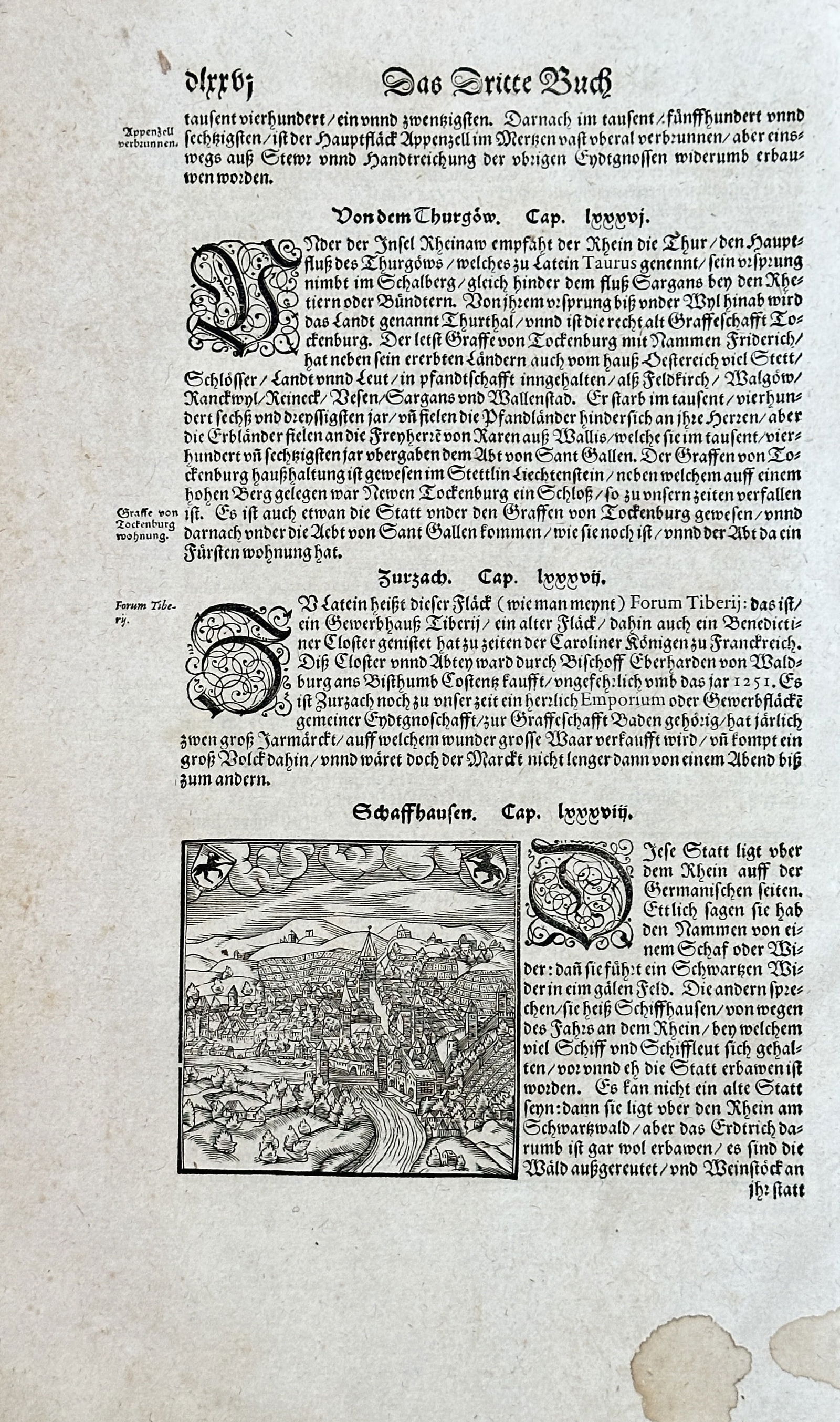 Sebastian Münster (1489-1552) – The Third Book, Views of Burgau, Zürick, and Schaffhausen – (1 of 2)