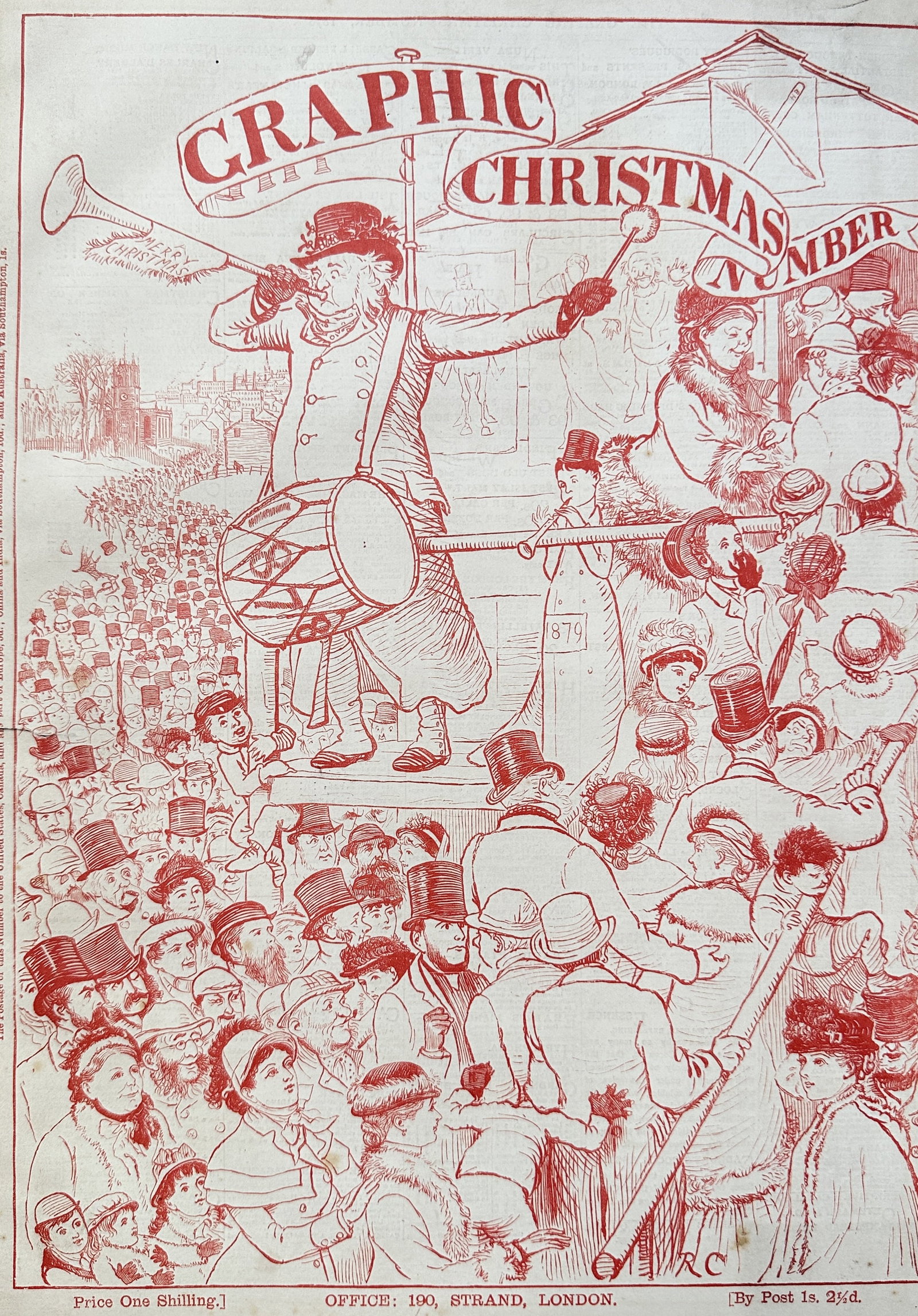 The Graphic – The Graphic Christmas Number Cover – Print (1879): This Print, titled "The Graphic Christmas Number Cover," is from "The Graphic," published in 1879. The work depicts a crowded street scene with a man on a stand playing a drum and blowing a trumpet, s