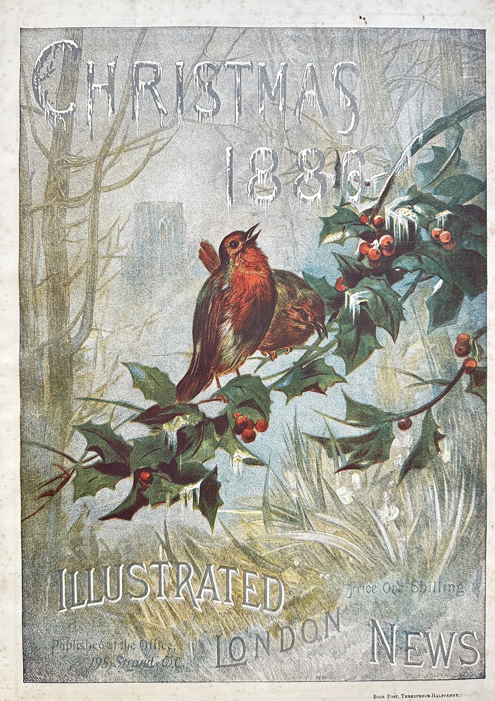 The Illustrated London News Christmas Number Cover – Chromolithograph (1880): This is a chromolithograph from the cover of "The Illustrated London News Christmas Number" from 1880. The image features a robin sitting on a holly branch covered in ice and snow. The work captures t