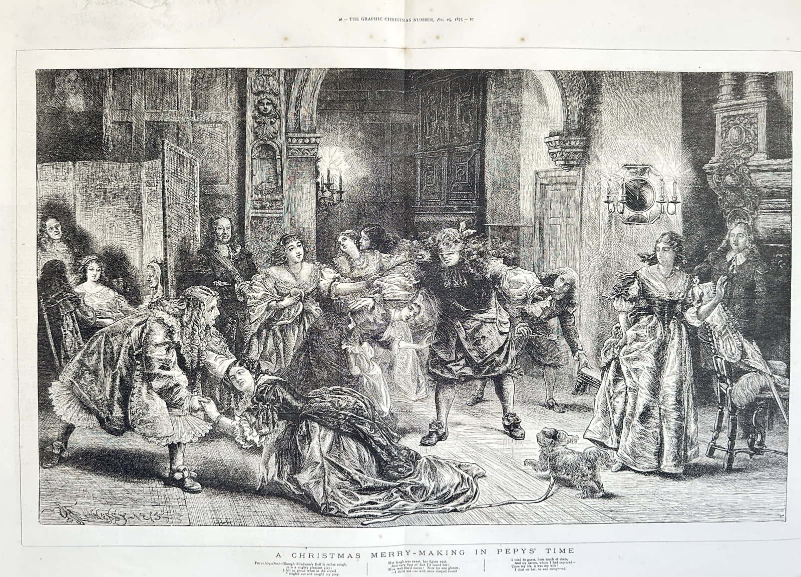 The Graphic – A Christmas Merry-Making in Pepys' Time – Print (1878): This Print, titled "A Christmas Merry-Making in Pepys' Time," is from "The Graphic Christmas Number," published in 1878. The work depicts a grand interior scene with a group of people in 17th-century 