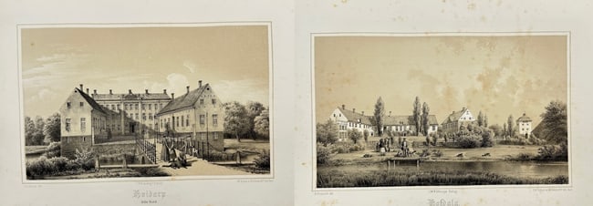 Ferdinand Richardt (1819–1895) – Two Views of Swedish Estates: Hoidarp and Hovdala: This set of two chromolithographs by Ferdinand Richardt features detailed views of Swedish estates. The works depict Hoidarp från Nord and Hovdala, from Wester, both rendered with the artist's charac