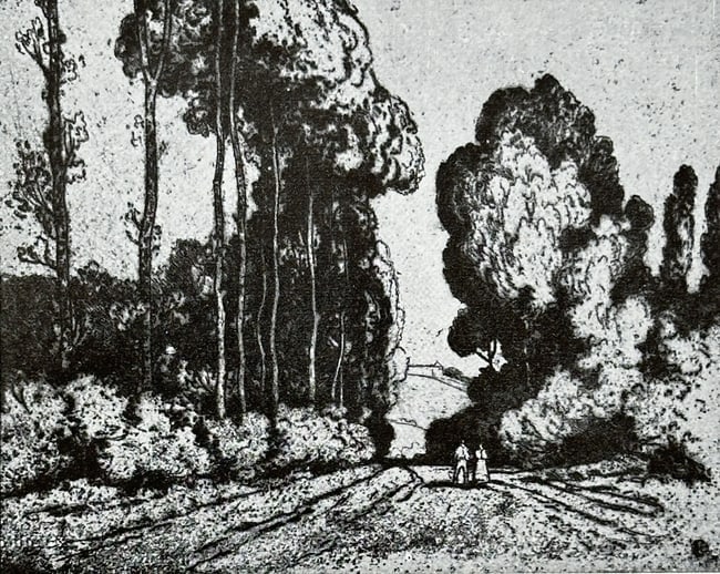 Alfred East (1844–1913), after – Landscape with Trees – offset lithography: This offset lithography is a landscape titled Landscape with Trees. The work depicts a cluster of trees and a path leading away, rendered in an atmospheric style. The print is a proof print, showcasin