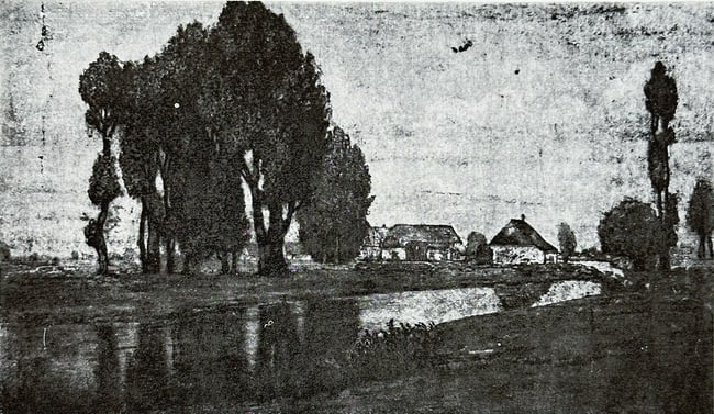 Richard Kaiser (1868–1940), after – Landscape – offset lithography: This offset lithography is a landscape titled Landscape. The work depicts a river or lake with trees and buildings in the distance, rendered with a soft, tonal quality typical of the aquatint techniqu