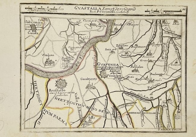 Pietro Coronelli – Map of Guastalla and Surroundings – Hand-Coloured Engraving (1 of 2)