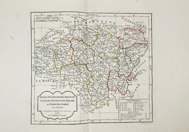 Robert de Vaugondy (1723–1786) – Map of Central France – Original Copperplate: This finely engraved map presents the central regions of France, including Berry, Bourbonnais, Nivernais, Lyonnais, Bourgogne, Bresse, and Franche-Comté. Created by Robert de Vaugondy and issued arou