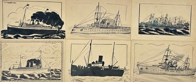 Unknown Artist – Set of 6 Ship Illustrations – Ink and Wash Drawings (1 of 3)