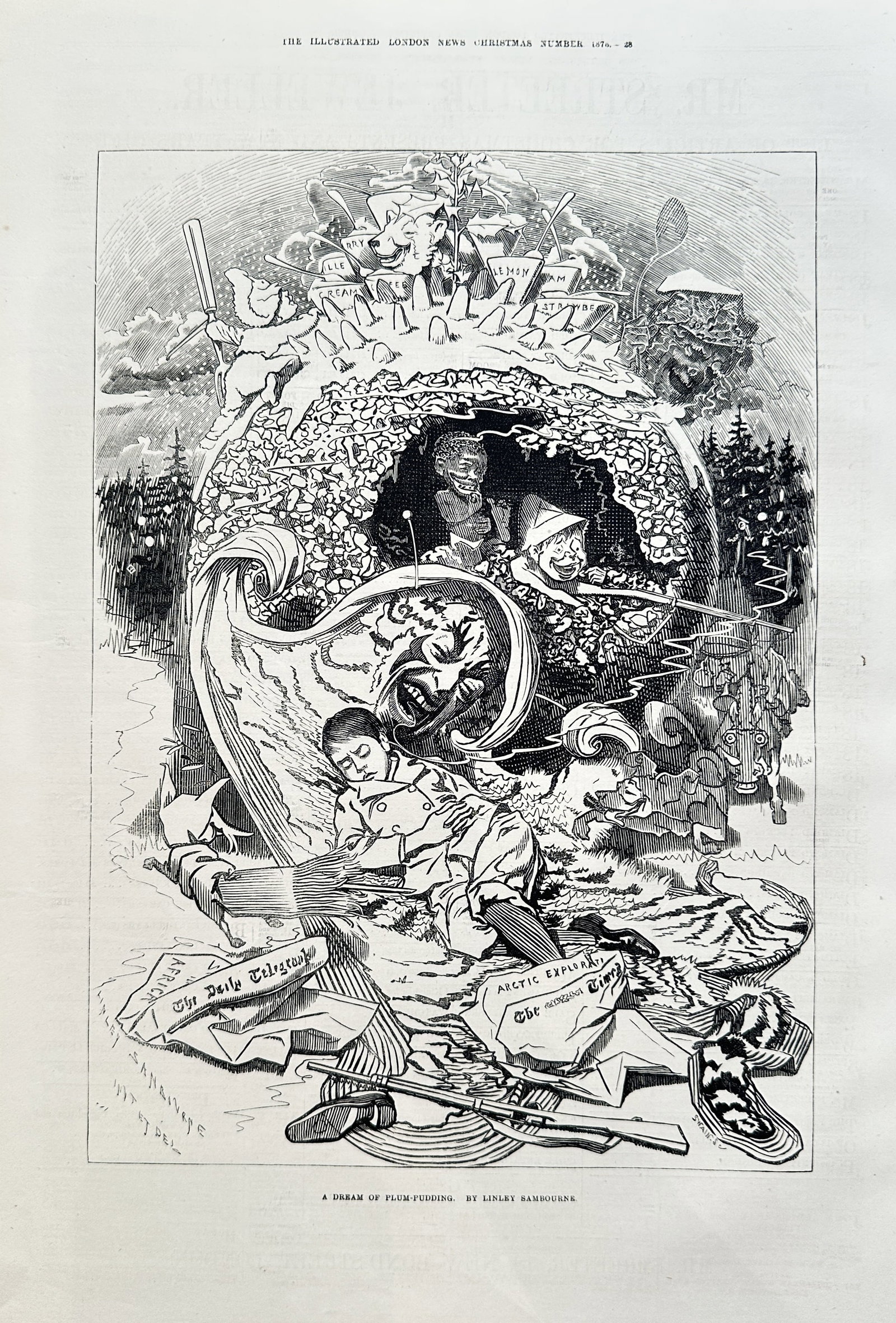 The Illustrated London News – A Dream of Plum-Pudding – Print (1876): An illustration from The Illustrated London News Christmas Number, a satirical or allegorical image depicting a figure in a dream-like state surrounded by various symbols and figures. Edward Linley Sa