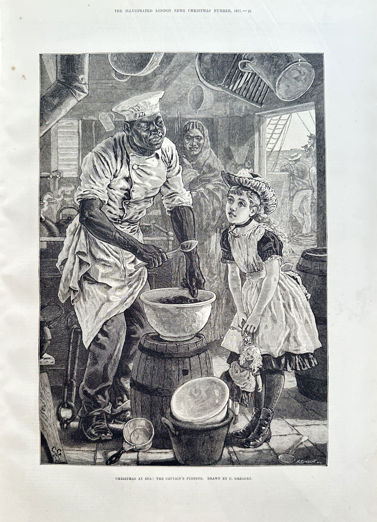 The Illustrated London News – Christmas at Sea: The Captain's Pudding – Print (1877): An illustration from The Illustrated London News Christmas Number, depicting a man in a chef's hat mixing a bowl in a ship's galley while a young girl watches. Charles Gregory was an English artist an