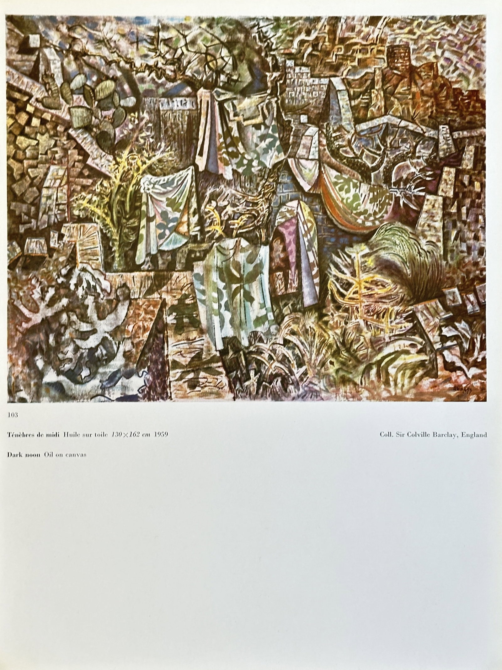 Nikos Hatzikyriakos-Ghika (1906-1994), after – Dark Noon – offset lithography (20th century): A offset lithography of a complex, semi-abstract painting of a landscape with hanging laundry, originally created in oil on canvas.Nikos Hatzikyriakos-Ghika was a prominent Greek artist, sculptor, and