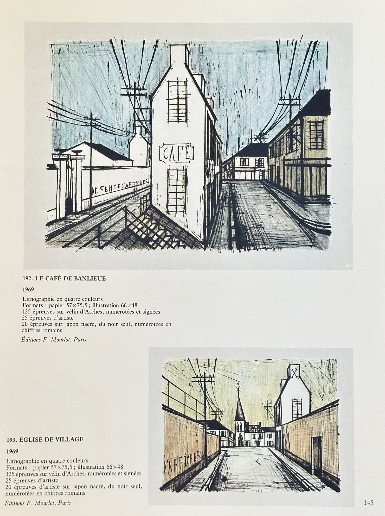 Bernard Buffet,after – Set of The Suburban Cafe and Village Church – offset lithography: A offset lithography featuring two illustrations of French street scenes in a stylized manner. The top illustration is titled "The Suburban Cafe," and the bottom is titled "Village Church.". Bernard B