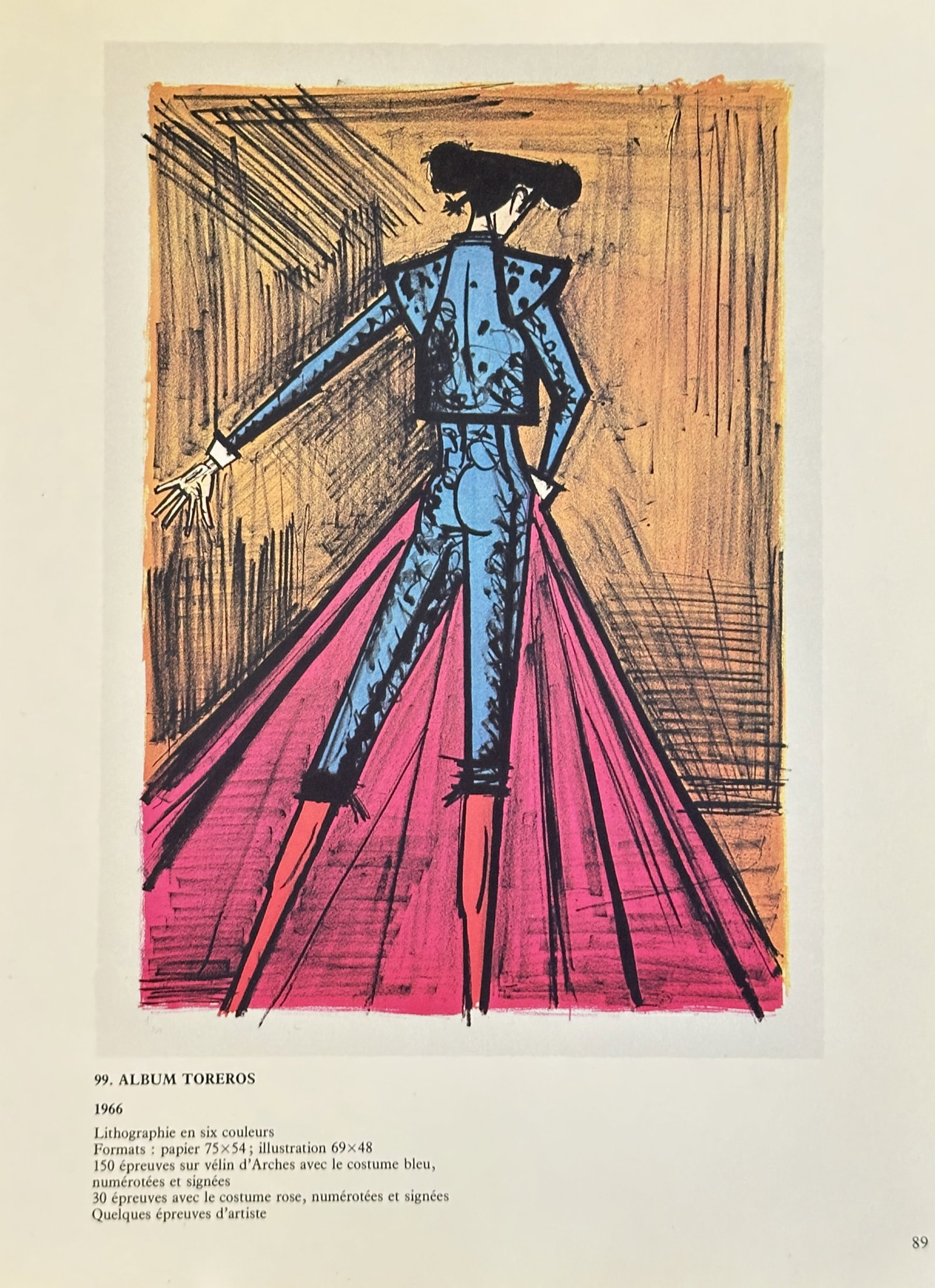 Bernard Buffet (1928-1999), after – The Bullfighter – offset lithography: A offset lithography from the portfolio Album Toreros (Toreros Album), depicting a bullfighter from behind in a blue and black costume with a pink cape. Bernard Buffet was a French painter, lithograph