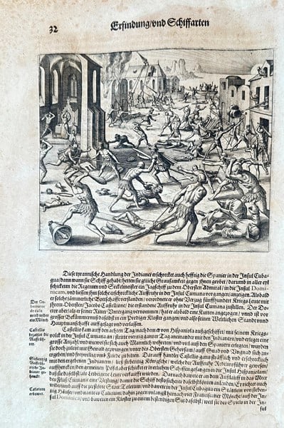 Sebastian Munster (1488–1552) – Discovery and Voyages: Battle Scene in the Indie: This dynamic woodcut, titled "Erfindung vnd Schiffarten" (Discovery and Voyages), depicts a fierce battle or confrontation between numerous figures, some armed with swords and other weapons. The scene