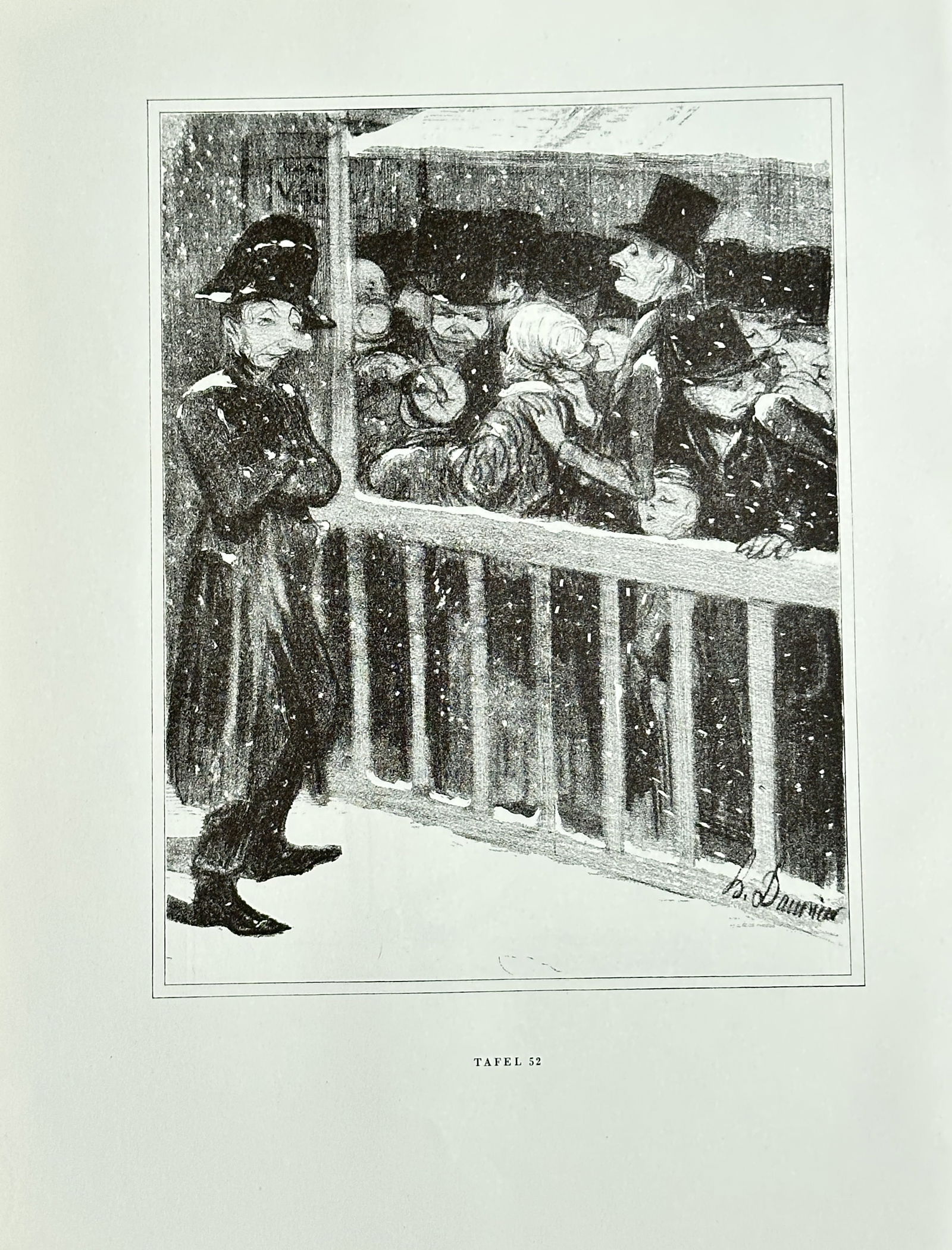 Honoré Daumier (1808-1879),after – At the Omnibus Stop – Lithograph: This is a lithograph by Honoré Daumier, depicting a satirical scene of a group of people huddled together at an omnibus stop in the snow. A conductor or other official stands apart, observing them. T