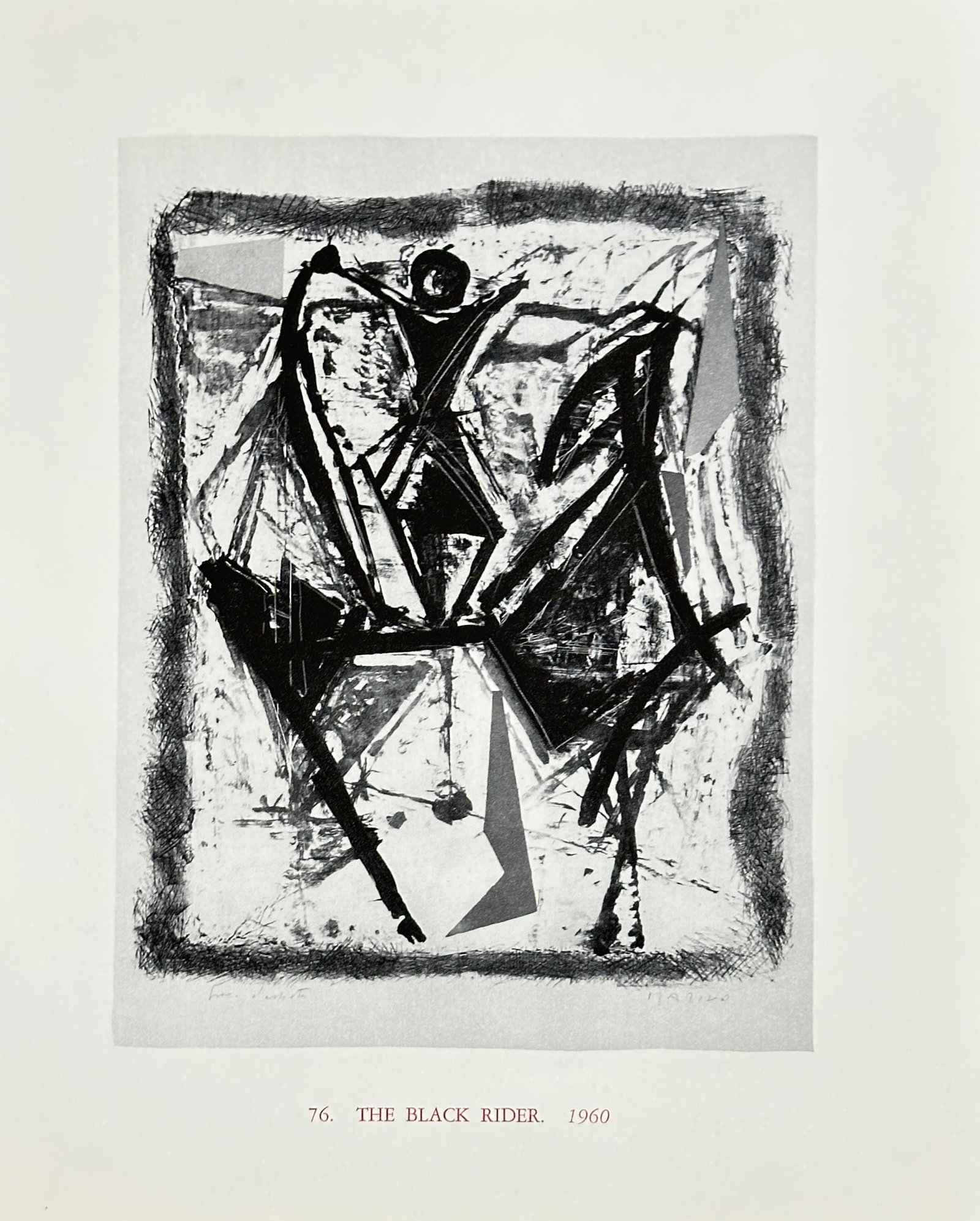 After Marino Marini (1901-1980) – The Black Rider – Lithograph (1960): This is a lithograph created after an original work by the artist Marino Marini. The print features a stylized image of a horse and rider in black and white with an abstract, energetic quality. The wo
