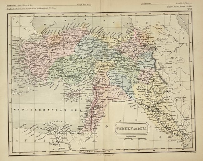 Samuel Butler – Map of Turkey in Asia – Hand-Coloured Steel Engraving (1871): This antique map, titled Turkey in Asia, depicts the Asian provinces of the Ottoman Empire, encompassing present-day Cyprus, Syria, Lebanon, Palestine, Iraq, and parts of the Arabian Peninsula. The ma