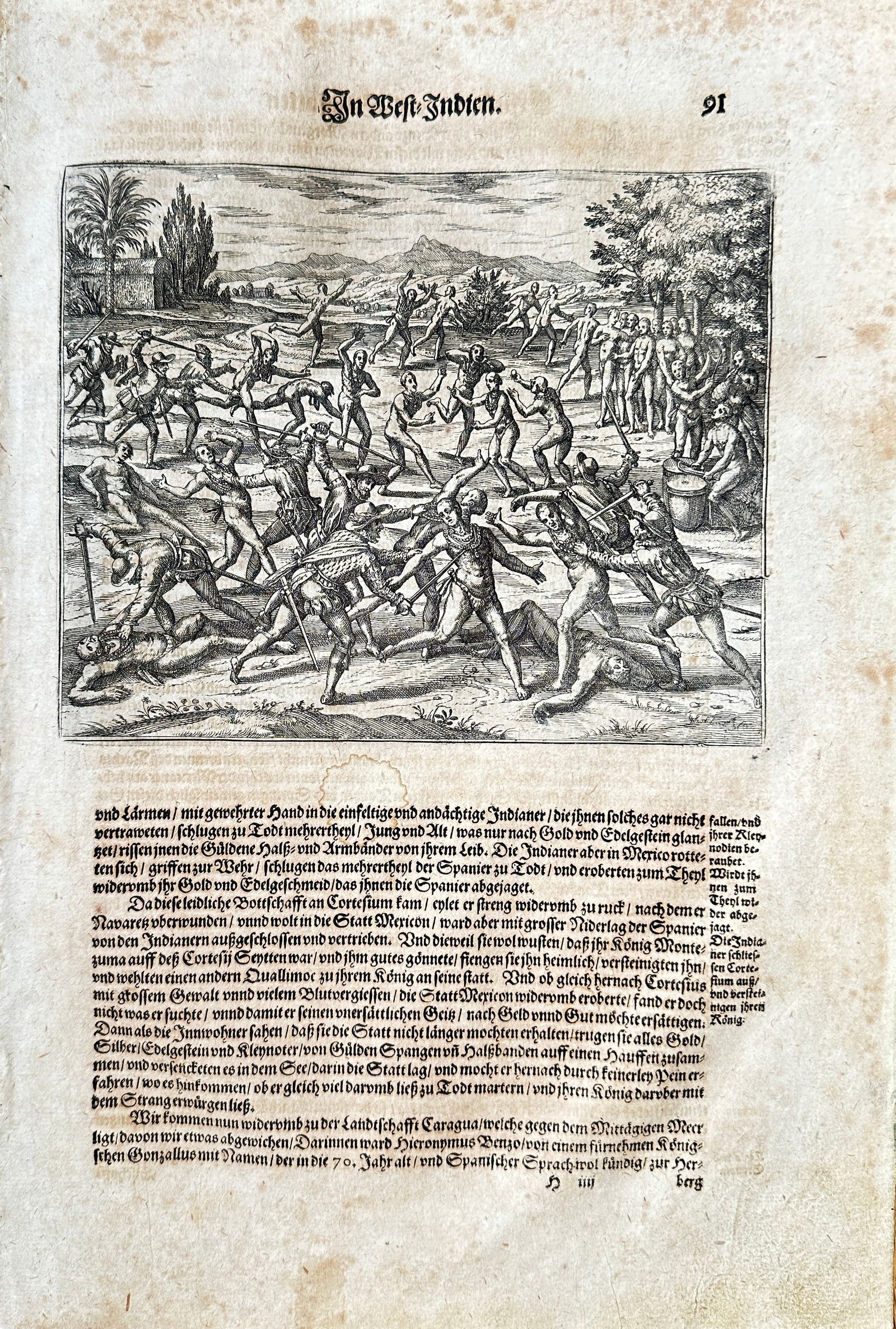Theodor de Bry (1528–1598) – A Battle Among Indigenous Peoples in the West Indies – Engraving: This copperplate engraving depicts a dynamic battle scene among indigenous peoples of the West Indies, set within a landscape of palm trees and forests. The illustration captures the intensity of the