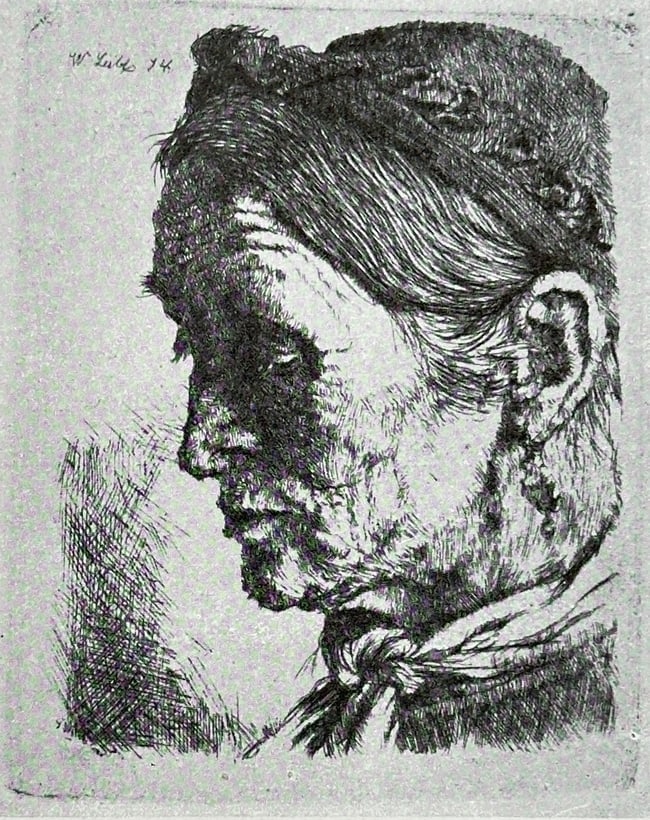 Wilhelm Leibl (1844–1900),after – Head of a Peasant Woman – offset lithography: This offset lithography is a portrait titled Head of a Peasant Woman. The work depicts a woman in a realistic style, shown in profile with a serene expression. This piece is a print from a publication