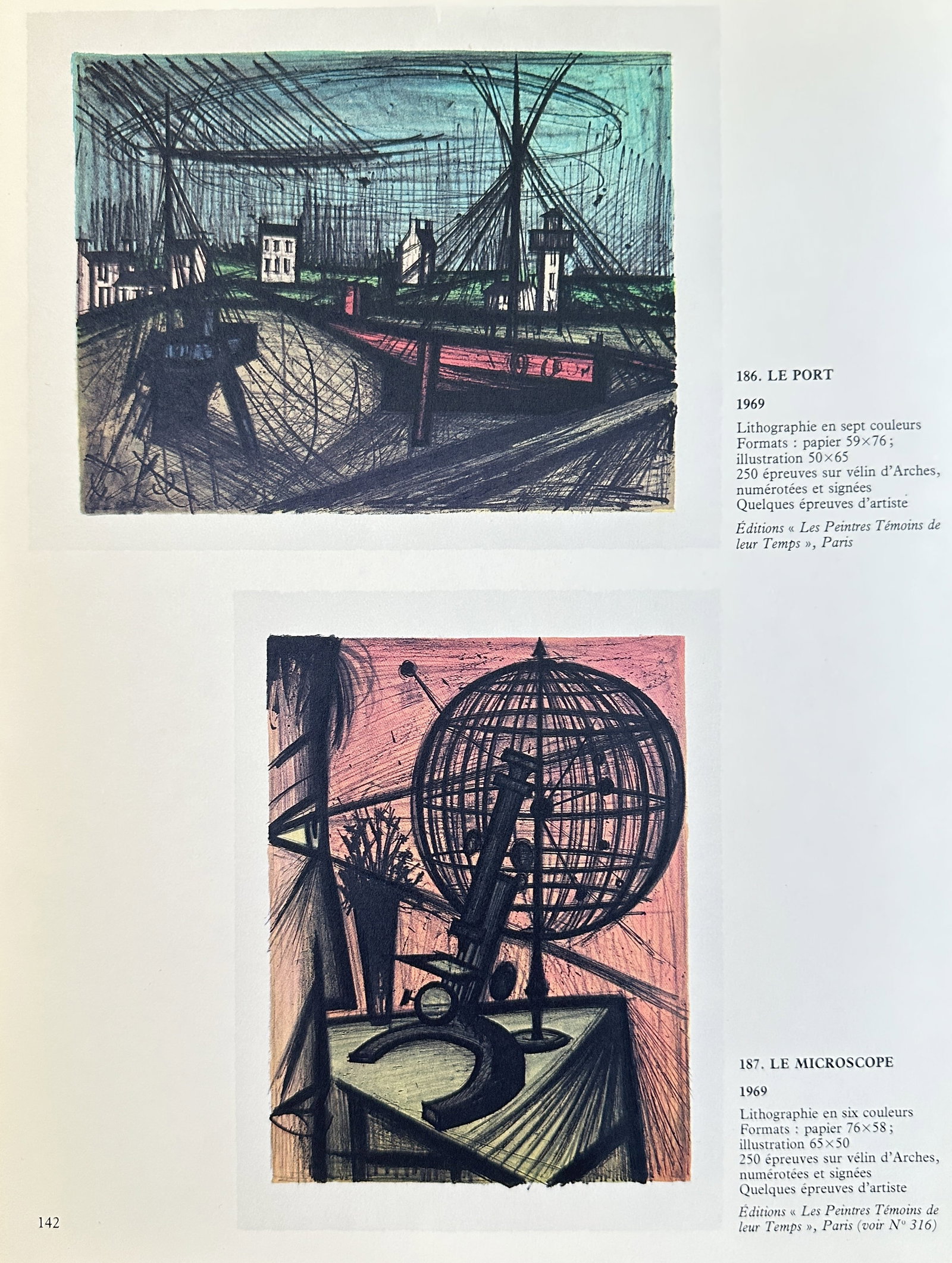 Bernard Buffet,after– Set of two: The Port and The Microscope – offset lithography: A offset lithography featuring two illustrations from a series of lithographs. The top illustration, "The Port," depicts a stylized scene of a port in Paris, France. The bottom illustration, "The Micr
