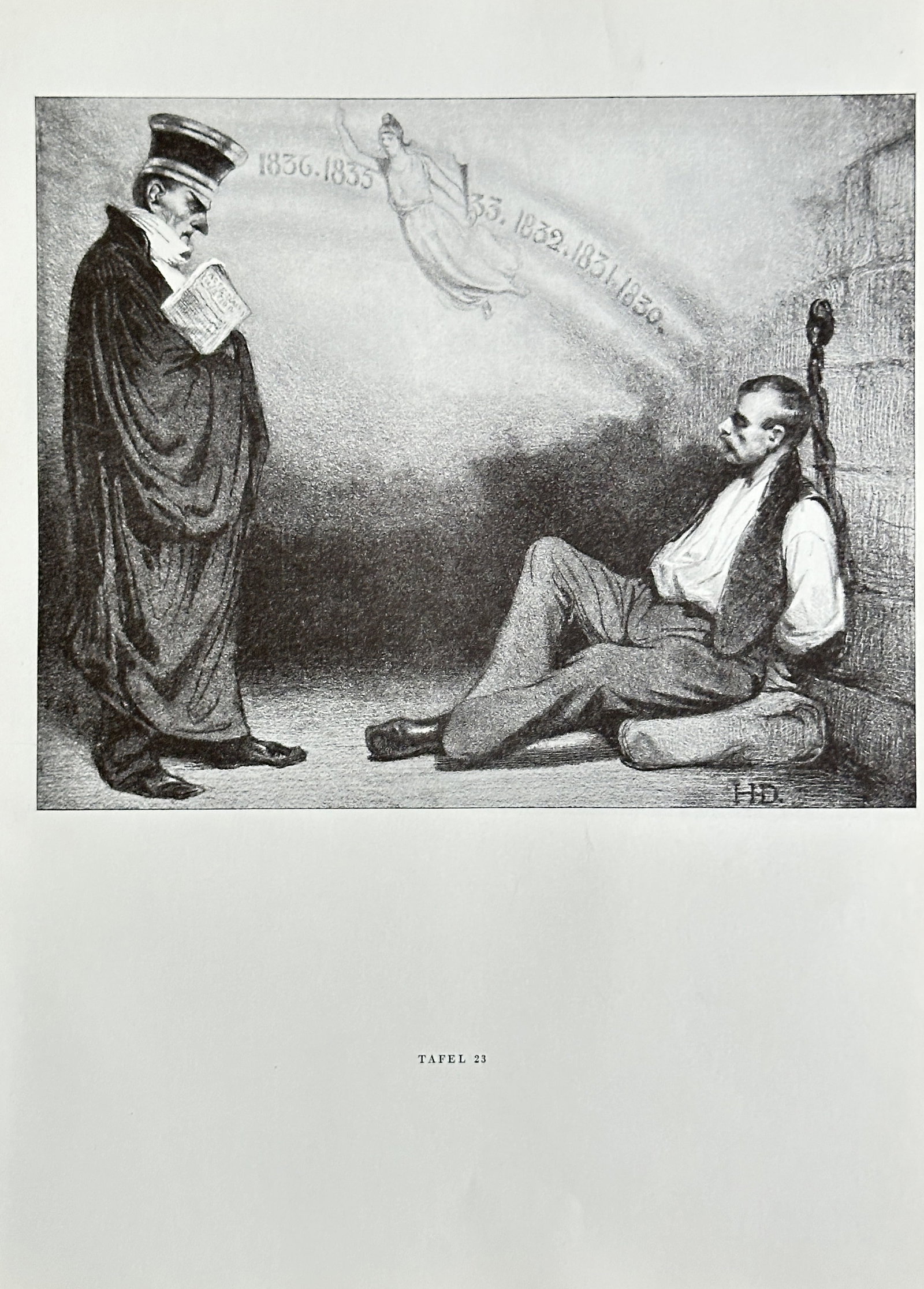 Honoré Daumier (1808-1879),after – Le Jugement (The Judgment) – offset lithograph: This is a offset lithograph from a satirical series on legal and judicial subjects. The print depicts a judge or lawyer speaking to a man chained to a wall, with dates appearing in a ghostly vapor abo