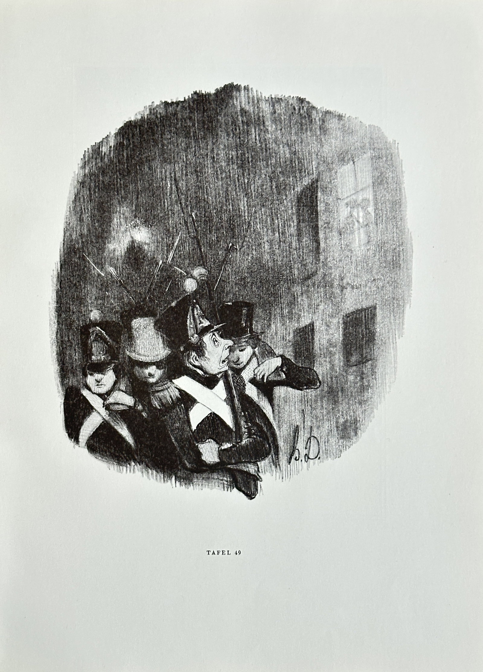 Honoré Daumier (1808-1879),after – The Soldiers – offset lithograph: This is a offset lithograph depicting a group of soldiers in the rain, looking up at a building. The print is an illustration from one of Daumier's many series. Daumier was a French caricaturist, pain