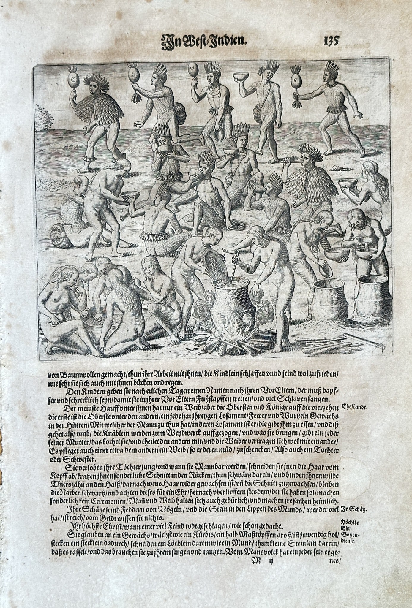 Theodor de Bry (1528–1598) – A Ritual or Ceremony in the West Indies – Engraving: This engraving, titled "In Vest-Indien" in old German, depicts a scene of a ritual or ceremony involving a group of indigenous people. Some of the figures are shown in a dance-like procession, while o