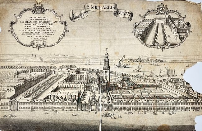 Ignaz Schwaberg – Bird’s-Eye View of St. Michael’s Abbey and Harbor of Antwerp (1 of 2)