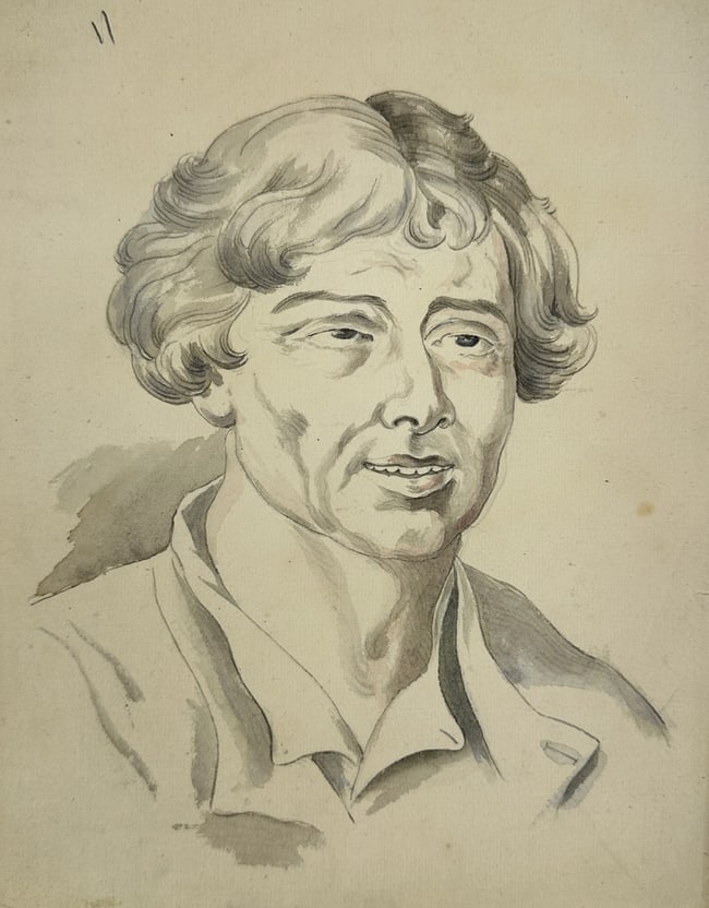 European School – Portrait of a Man – Ink and Wash Drawing (19th Century): Expressive ink and wash portrait of a middle-aged man, executed with careful tonal shading and fluid brushwork. The drawing reveals sensitivity in facial modeling, with particular attention to hair te