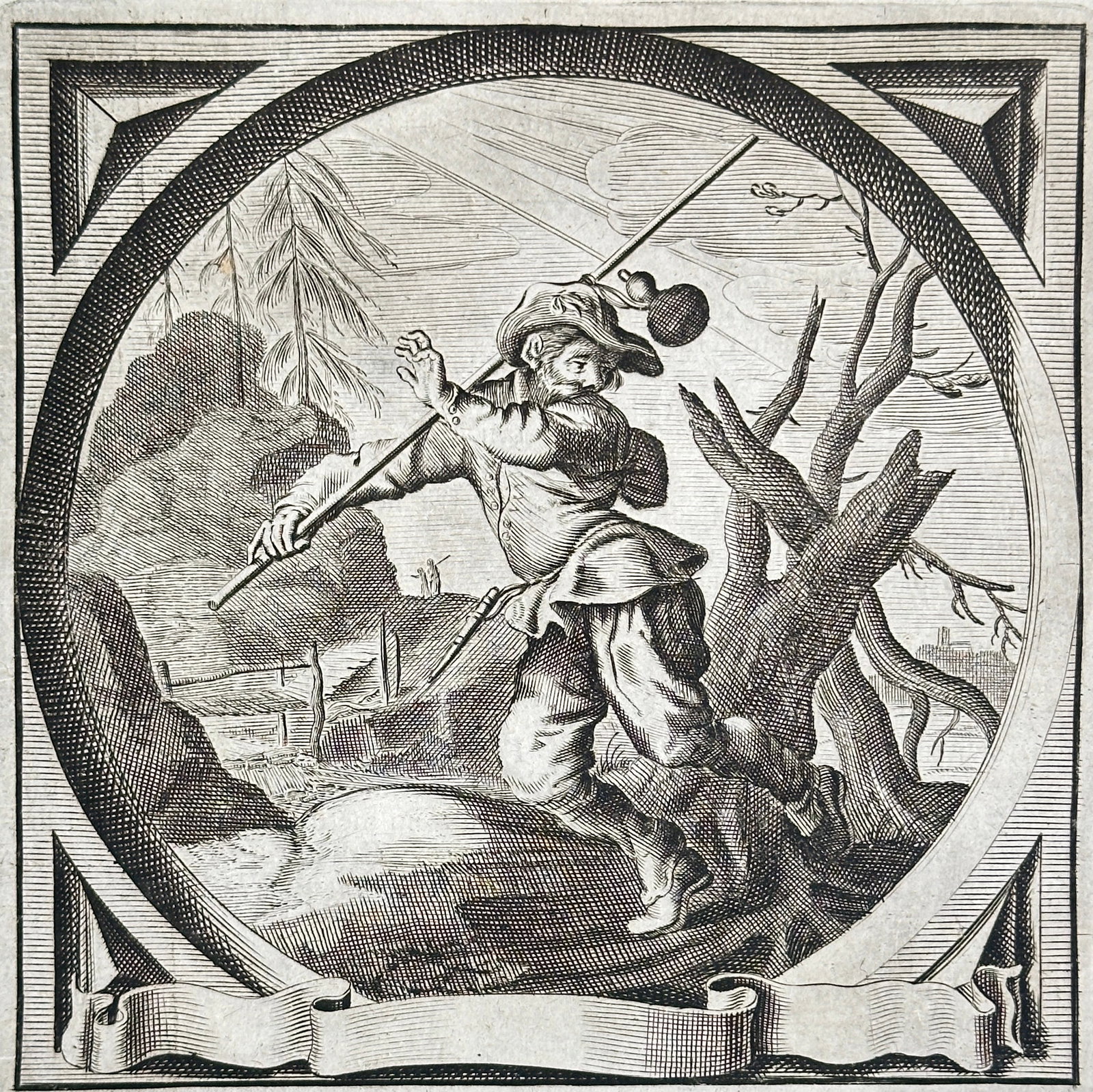 Jacob Cats (1577–1660) – Christian Reflections: He Who Stumbles Advances on His Way –: This emblem-style engraving, which is part of a series titled Christian Reflections (Christelycke Bedenckingen), depicts a traveler or pilgrim figure stumbling over rough terrain but preventing a fall