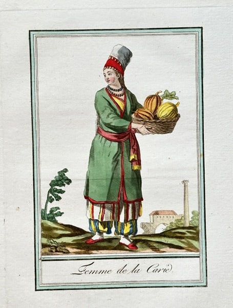 Jacques Grasset de Saint-Sauveur (1757–1832) – Woman from Caria – Hand-coloured: This hand-coloured engraving is an ethnographic portrait of a woman from Caria, an ancient region of Anatolia in modern-day Turkey. The illustration is from a publication documenting world costumes an