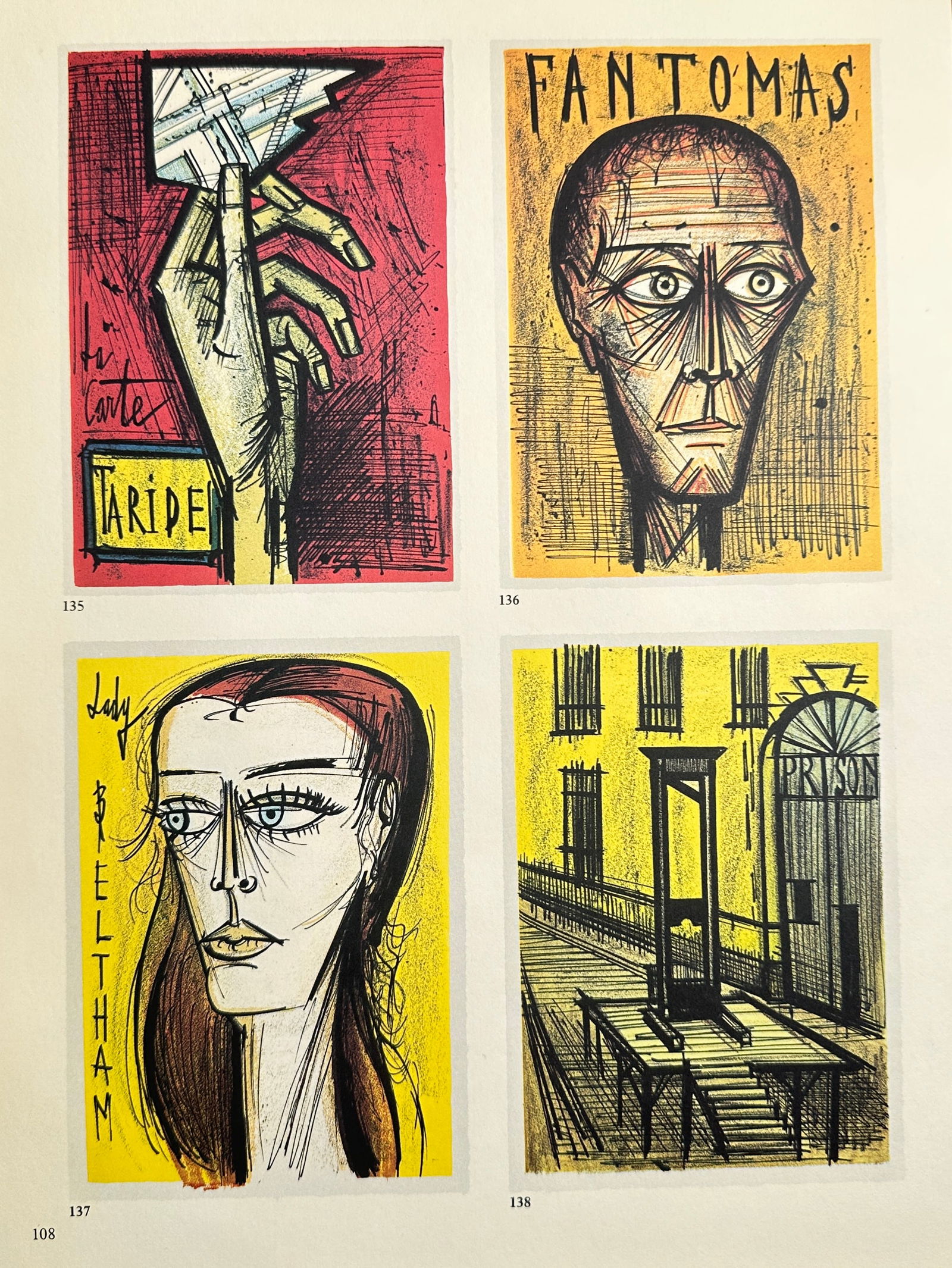 Bernard Buffet (1928–1999), after – Fantomas, Lady Beltham, and Other Motifs – Offset print: This offset print features four distinct vignettes based on works by Bernard Buffet, all executed in his highly recognizable graphic style with striking color contrasts (yellow, red, and black). The s