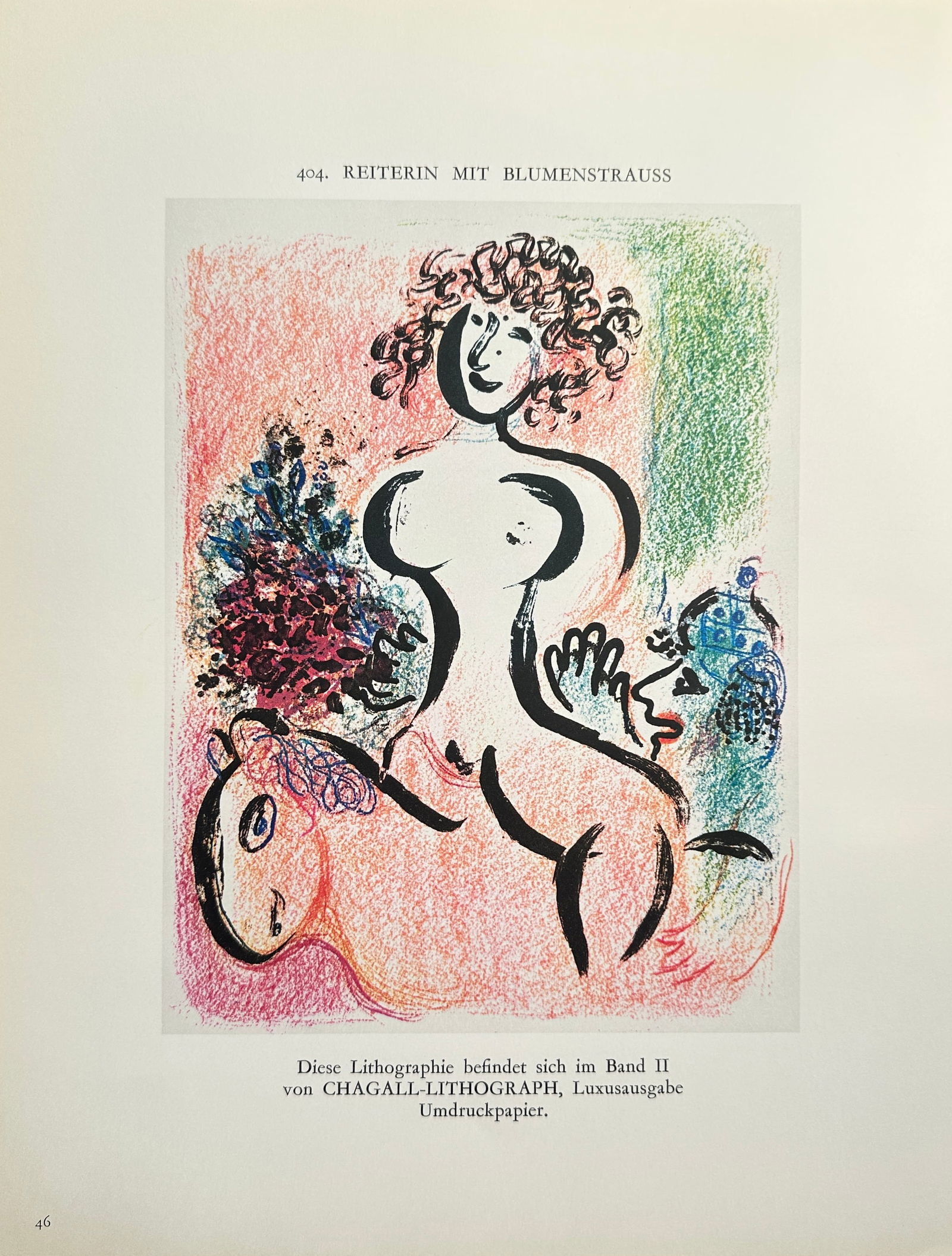 Marc Chagall (1887–1985), after – Rider with Bouquet (Reiterin mit Blumenstrauss) – Offset: This offset print is based on a lithograph by Marc Chagall, titled Rider with Bouquet (Reiterin mit Blumenstrauss). The illustration depicts a whimsical, mythological scene featuring a nude female rid