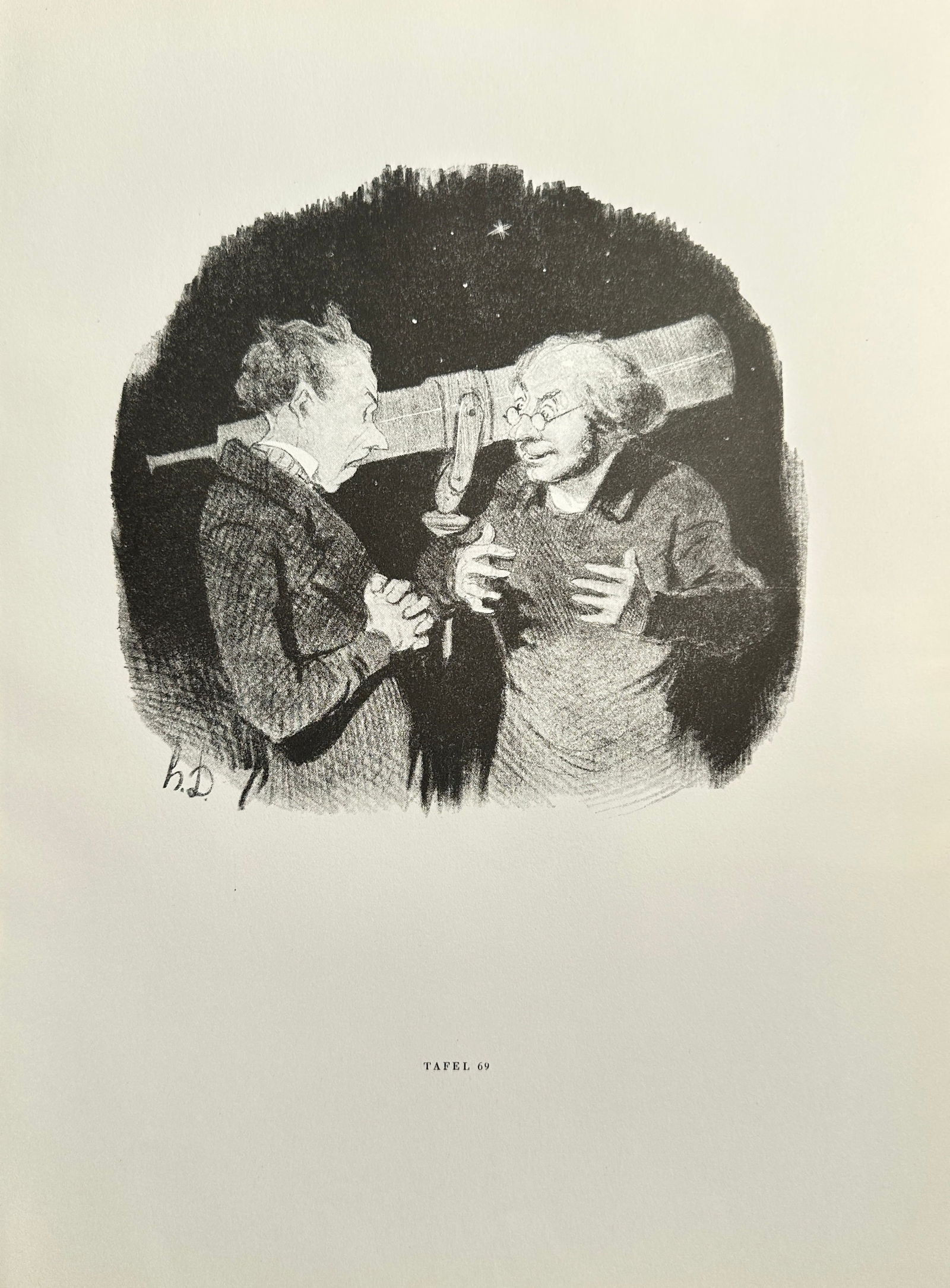 Honoré Daumier (1808–1879), after – Astronomers or Intellectuals (Tafel 69) – Offset print: This offset print is based on a lithograph by Honoré Daumier, featuring a satirical or humorous interaction between two intellectual figures, possibly astronomers or learned men. The figures are capt